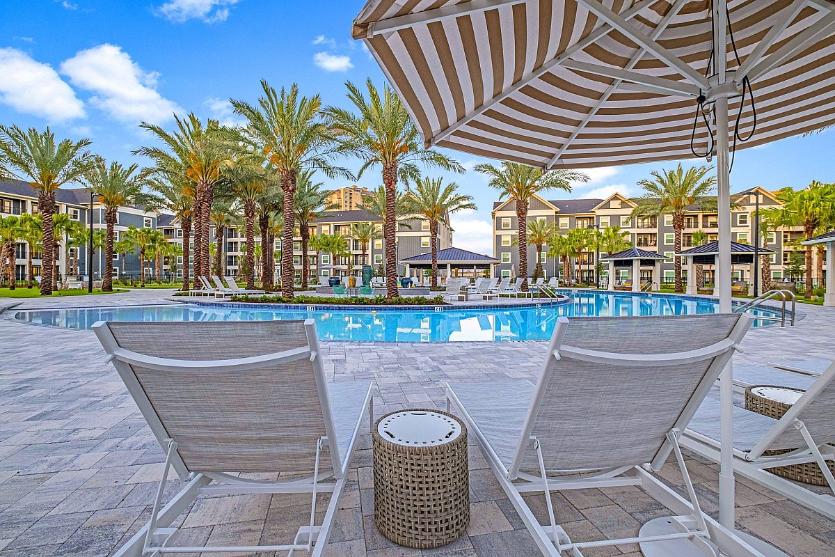 poolside with beach chairs, umbreall and palm trees view