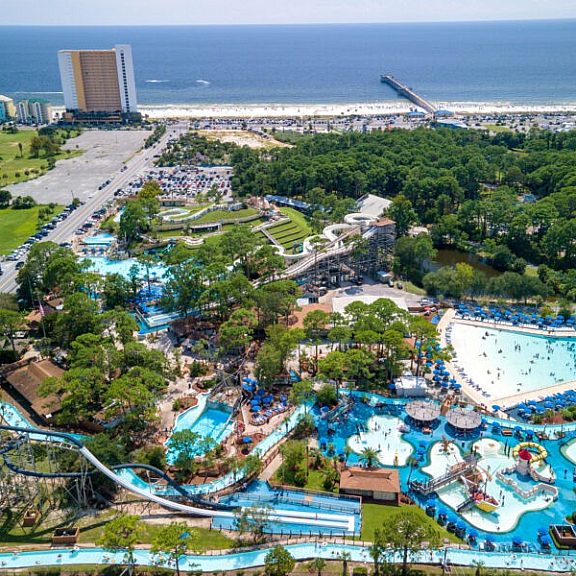 amusement park with large pools near the beach